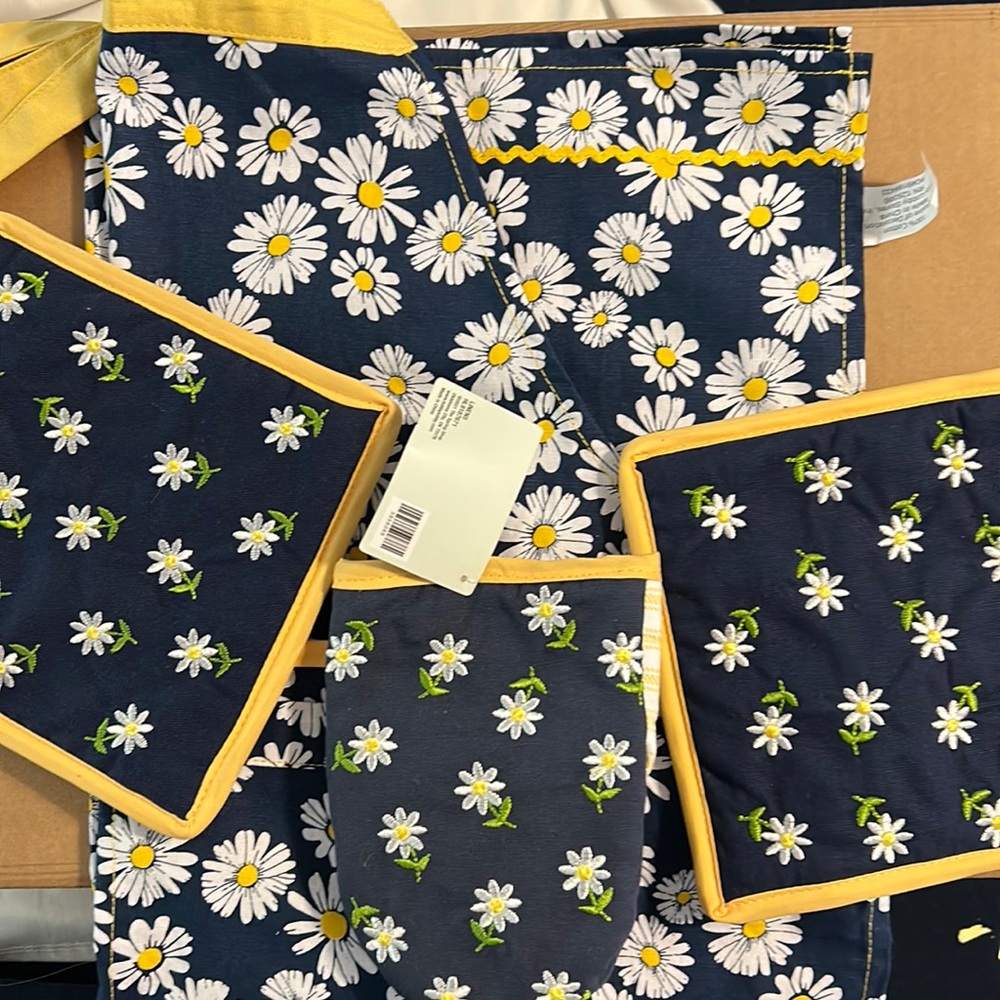 NWT Adorable kitchen set . Apron, 2 hot pads and a oven mitt!